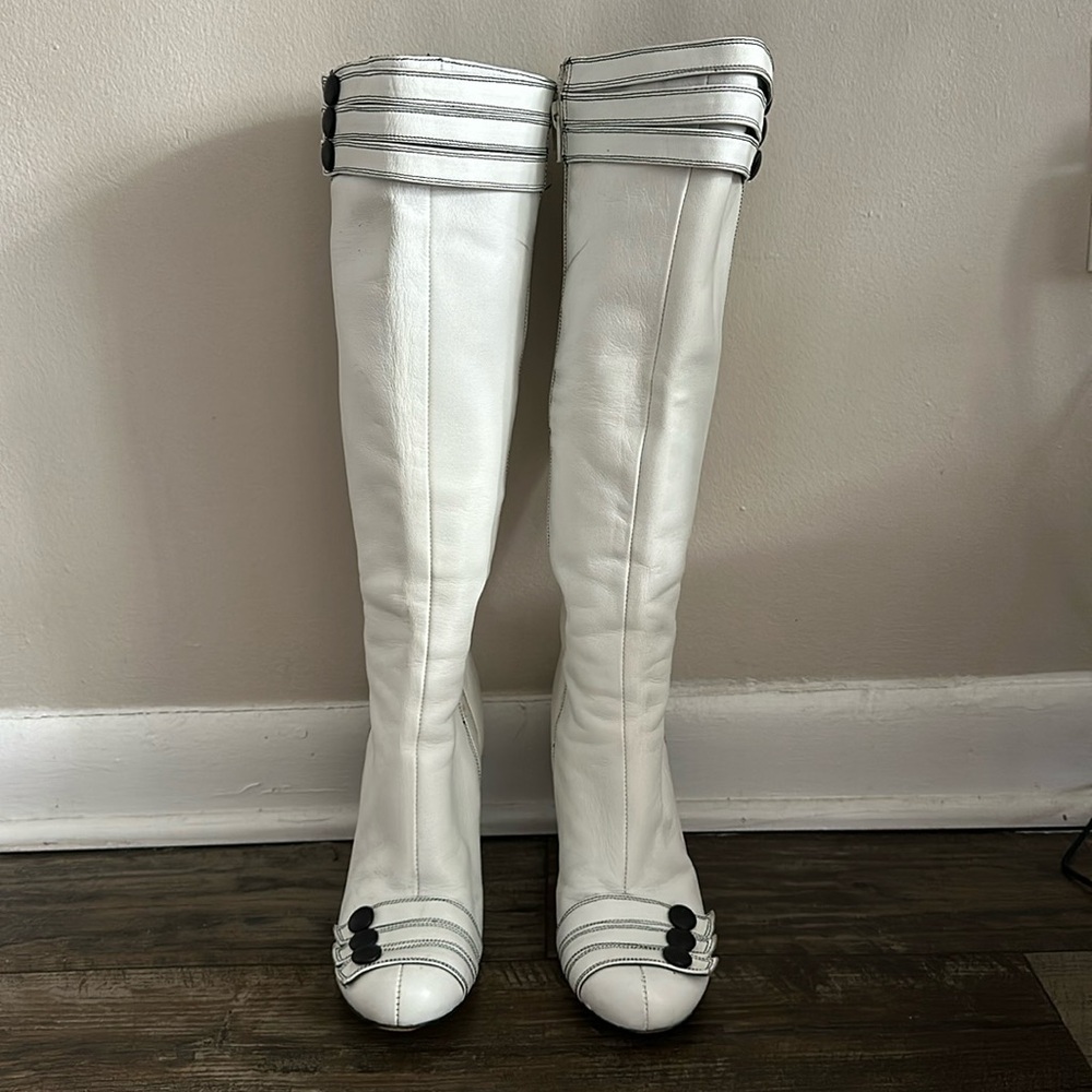 Miss Sixty White Tall Leather Boots with Black Trim